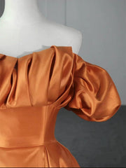 Off the Shoulder Orange Satin Long Prom Dresses, Orange Long Satin Formal Evening Dresses