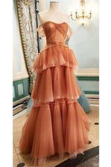 Off The Shoulder Tulle Tiered Long Prom Dress, A Line Evening Gown