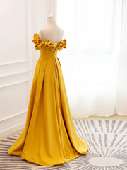 Off the Shoulder Yellow Burgundy Long Prom Dresses, Yellow Wine Red Long Satin Formal Dresses