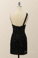 One Shoulder Black Sequin Bodycon Mini Dress