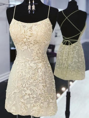 Open Back Short Yellow Purple Lace Prom Dresses, Short Backless Lace Formal Homecoming Dresses
