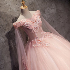 Pink Long Tulle with Lace Applique Ball Gown Sweet 16 Dresses, Pink Formal Dresses