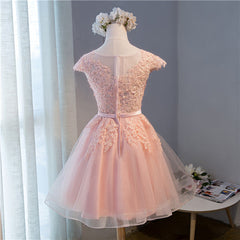 Pink Lovely Cap Sleeves Knee Length Formal Dress, Pink Tulle Prom Dress