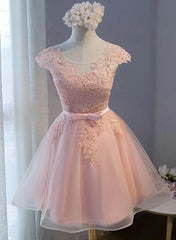Pink Lovely Cap Sleeves Knee Length Formal Dress, Pink Tulle Prom Dress