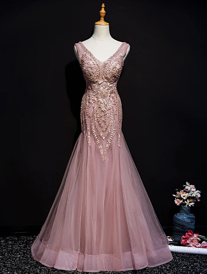 Pink Mermaid Tulle Long Evening Dress with Lace, V-neckline Floor Length Prom Dress