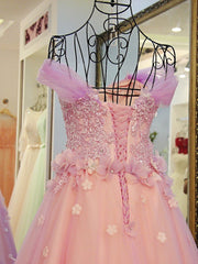 Pink Off Shoulder Lace Applique Tulle Flowers Prom Dress, Pink Formal Dress Sweet 16 Dress