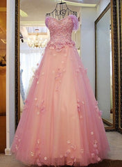 Pink Off Shoulder Lace Applique Tulle Flowers Prom Dress, Pink Formal Dress Sweet 16 Dress