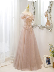 Pink Off Shoulder Shiny Tulle with Beaded and Lace Prom Dress, Pink Formal Dresses