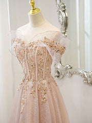Pink Off Shoulder Shiny Tulle with Beaded and Lace Prom Dress, Pink Formal Dresses