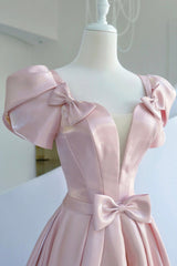 Pink Satin Long Prom Dress, A-Line Evening Dress with Bow