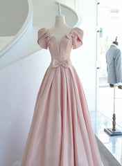 Pink Satin Long Short Sleeves Prom Dress Party Dress, Pink Formal Dress Wedding Party Dress