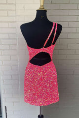 Pink Sequin One Shoulder Cutout Homecoming Dress Gala Dresses Short