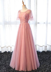 Pink Tulle A-line Long Party Dress, Pink Bridesmaid Dress