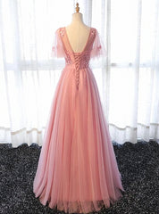 Pink Tulle A-line Long Party Dress, Pink Bridesmaid Dress