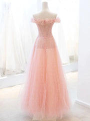 Pink Tulle A-line Long Prom Dress with Sequins, Off Shoulder Evening Dresses