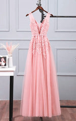 Pink Tulle A-line Simple Long Party Dress, A-line Prom Dresses Evening Dress