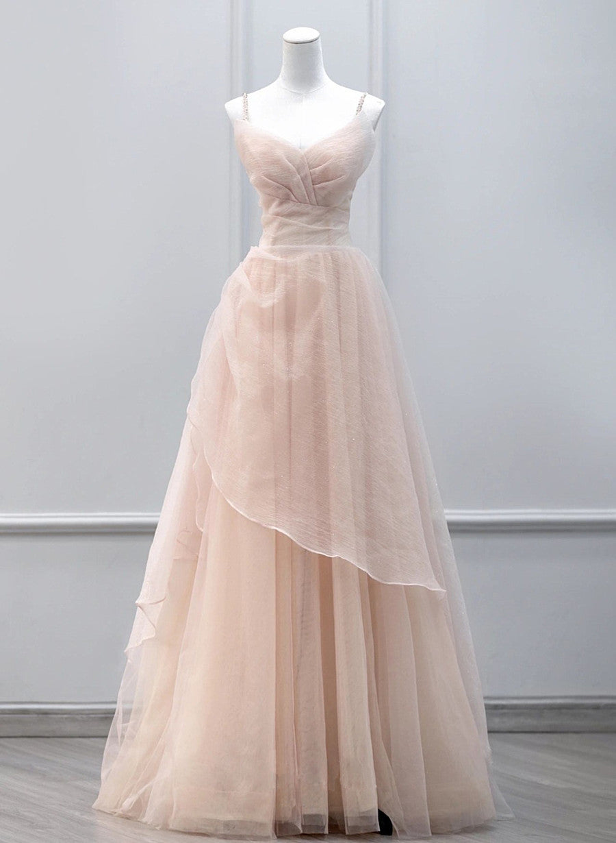 Pink Tulle Beaded Straps Long Prom Dress, A-line Pink Tulle Party Dress