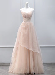 Pink Tulle Beaded Straps Long Prom Dress, A-line Pink Tulle Party Dress