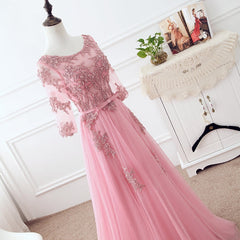 Pink Tulle Elegant Party Dress with Lace, Pink A-line Formal Dress Bridesmaid Dress