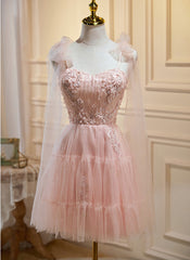 Pink Tulle Lace and Flowers Short Homecoming Dress, Cute Pink Party Dress