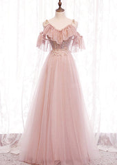 Pink V-neckline Lace Off Shoulder Long Party Dress, Pink Floor Length Formal Dress