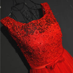 Pretty Red Tulle and Lace Tea Length Party Dress, Red Bridesmaid Dress