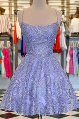 Princess Beaded Purple Lace Prom Dress, Short Purple Lace Homecoming Dress, Purple Formal Evening Dress