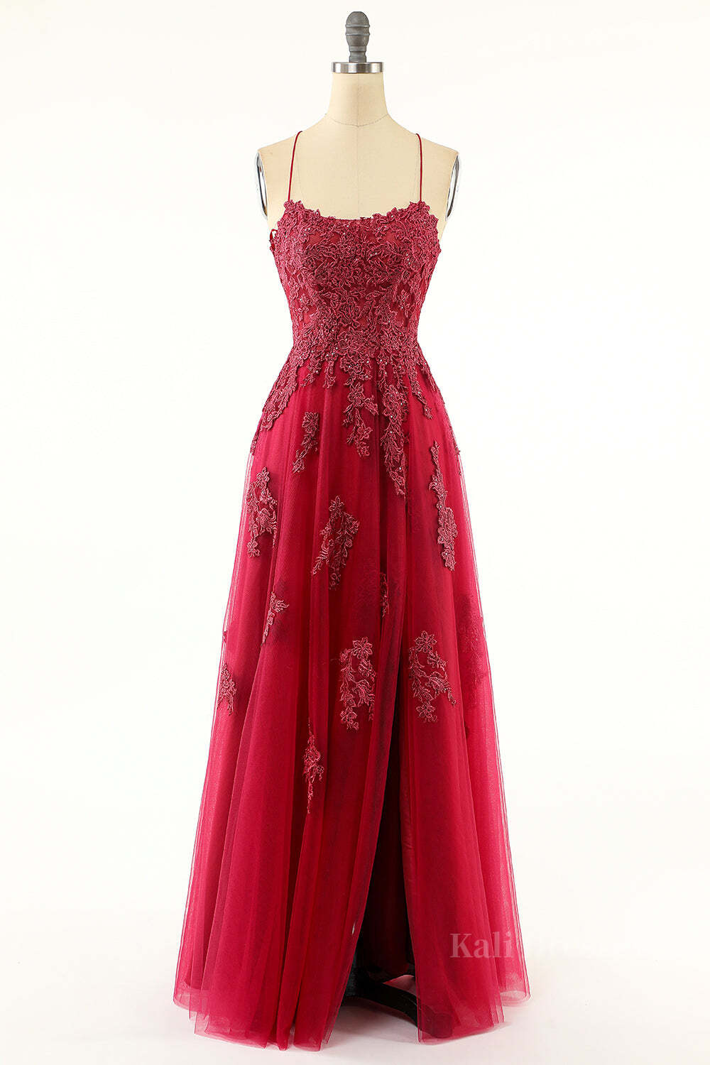 Princess Wine Red Appliques A-line Long Formal Dress with Slit