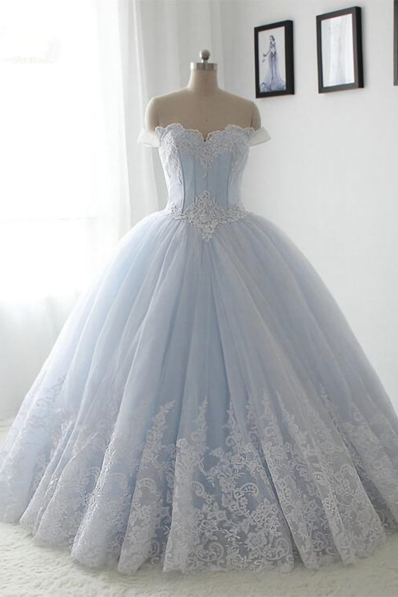 Light Blue Lace Sweetheart A Line Long Princess Prom Dresses