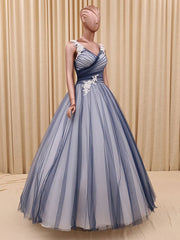 Charming A Line V Neck Navy Blue Princess Tulle Prom Dresses