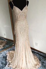 Luxurious Mermaid Spaghetti Straps V Neck Sparkly Prom Dresses