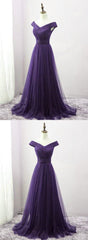 Long Purple A-line Off the Shoulder Tulle Prom Dresses