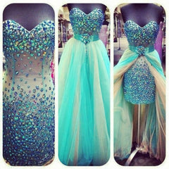 Sexy Colored Crystal Rhinestones Removable Skirt Sheath Long Heavy Beadings Green Champagne Long Prom Dresses