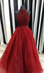 Charming Beading Long Red Halter Prom Dresses