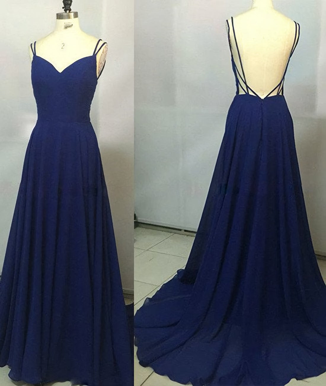 Simple A Line Spaghetti Straps Backless Royal Blue Long Prom Dresses