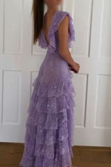 Purple Lace Long Prom Dress Backless Evening Dress Stunning Maxi Dress