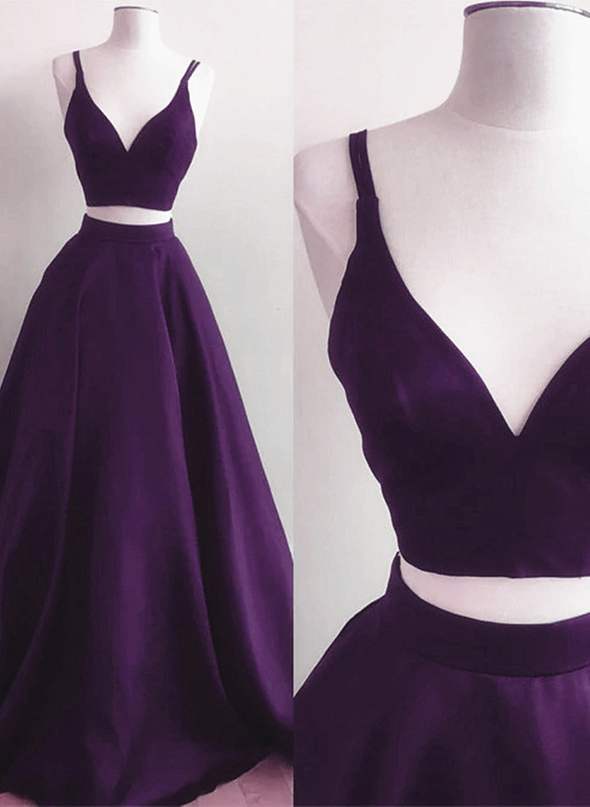 Purple Satin Two Piece Long Party Dress, A-line Purple Evening Dress Prom Dress