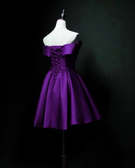 Purple Sweetheart Satin Off Shoulder Homecoming Dresses, Purple Short Prom Dresses