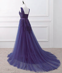 Purple Tulle Beaded Long Formal Party Dress, Dark Purple Evening Dress
