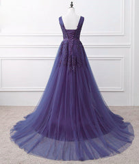 Purple Tulle Beaded Long Formal Party Dress, Dark Purple Evening Dress