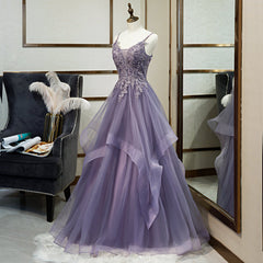 Purple Tulle Layers Long Formal Gown, Lace Applique Top Party Dress