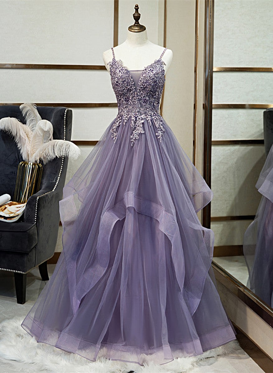 Purple Tulle Layers Long Formal Gown, Lace Applique Top Party Dress