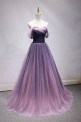 Purple Tulle Sweetheart Gradient Off Shoulder Long Party Dress, A-line Tulle Prom Dress Party Dress