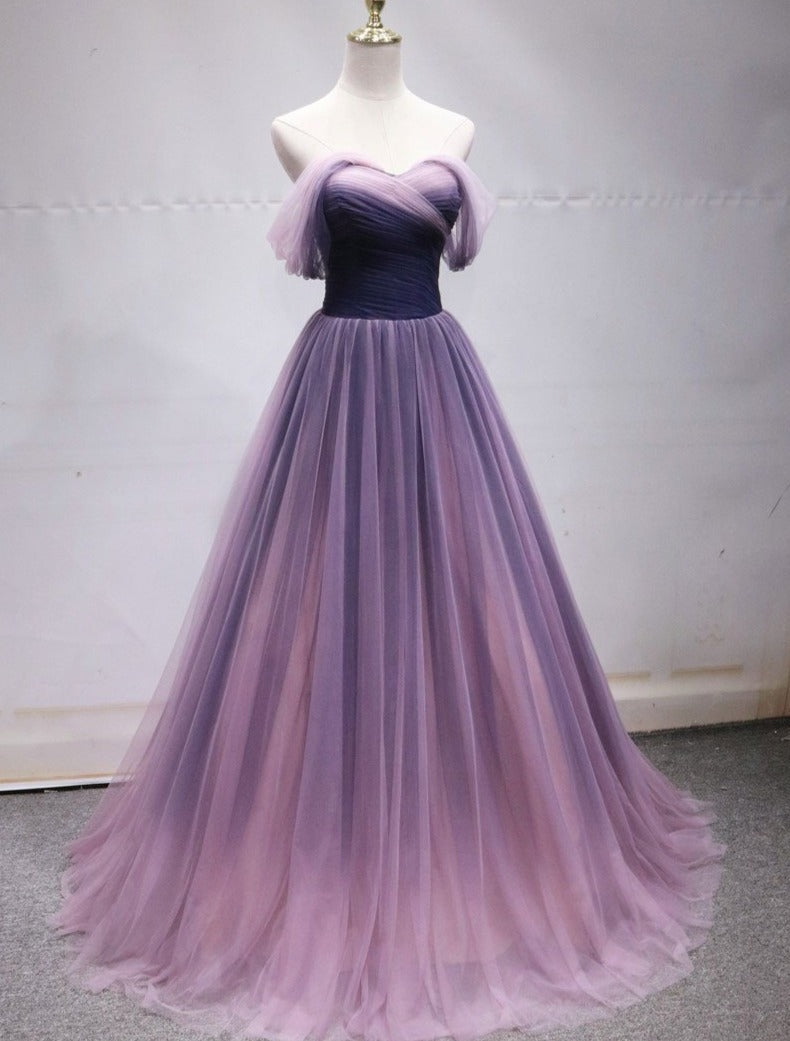 Purple Tulle Sweetheart Gradient Off Shoulder Long Party Dress, A-line Tulle Prom Dress Party Dress