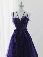 Purple Tulle with Lace Applique Long Prom Dress, Purple Long Formal Dress