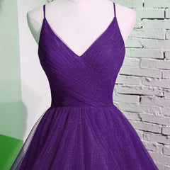 Purple V-neckline Straps Layers Tulle Party Gown, Purple Evening Dress
