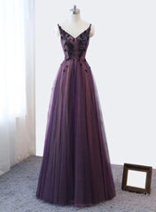 Purple V-neckline Tulle Lace Applique Party Dress, Purple Formal Dress Prom Dress