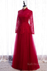 Red High Neck Long Sleeves Lace Appliques Maxi Formal Dress with Sash
