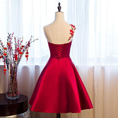 Red Satin Knee Length Party Dress, Cute Bridesmaid Dress