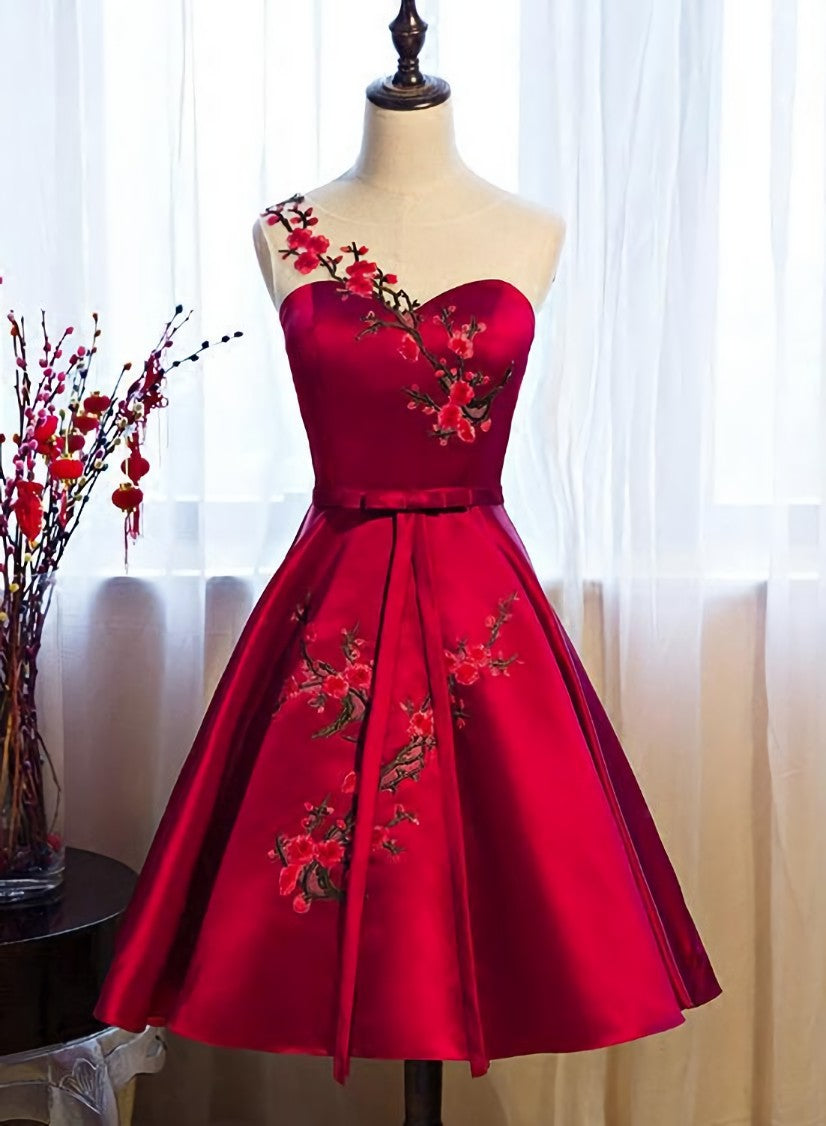 Red Satin Knee Length Party Dress, Cute Bridesmaid Dress